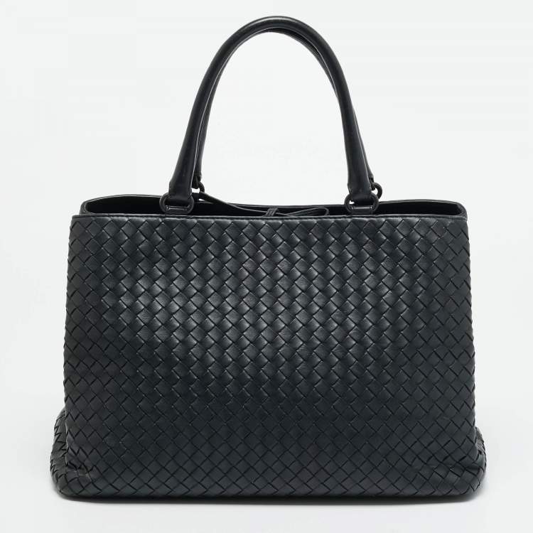 مملوكة مسبقًا Bottega Veneta Double Compartment Dark Grey Intrecciato Leather Tote