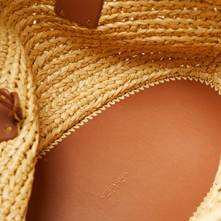 Pre Owned Bottega Veneta Acro Cream/Brown Leather and Raffia Tote