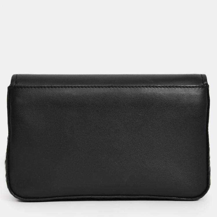 Pre Owned Bottega Veneta Black Leather Intrecciato Detail Wallet On Chain