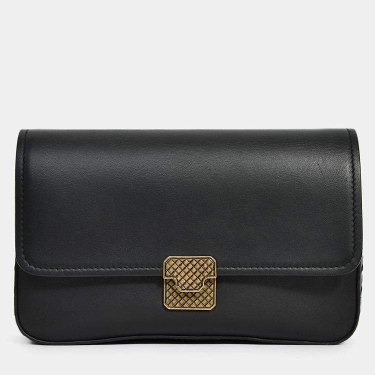 Pre Owned Bottega Veneta Black Leather Intrecciato Detail Wallet On Chain