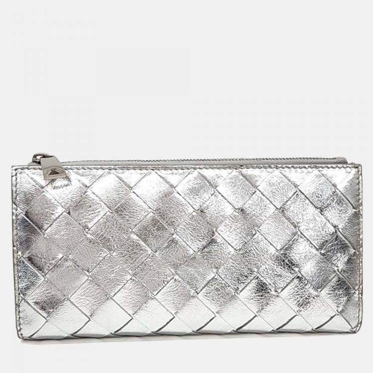 Pre Owned Bottega Veneta Silver Leather Mesh Long Wallet