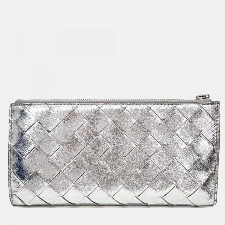 Pre Owned Bottega Veneta Silver Leather Mesh Long Wallet