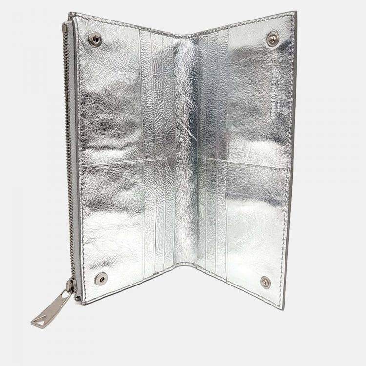 Pre Owned Bottega Veneta Silver Leather Mesh Long Wallet