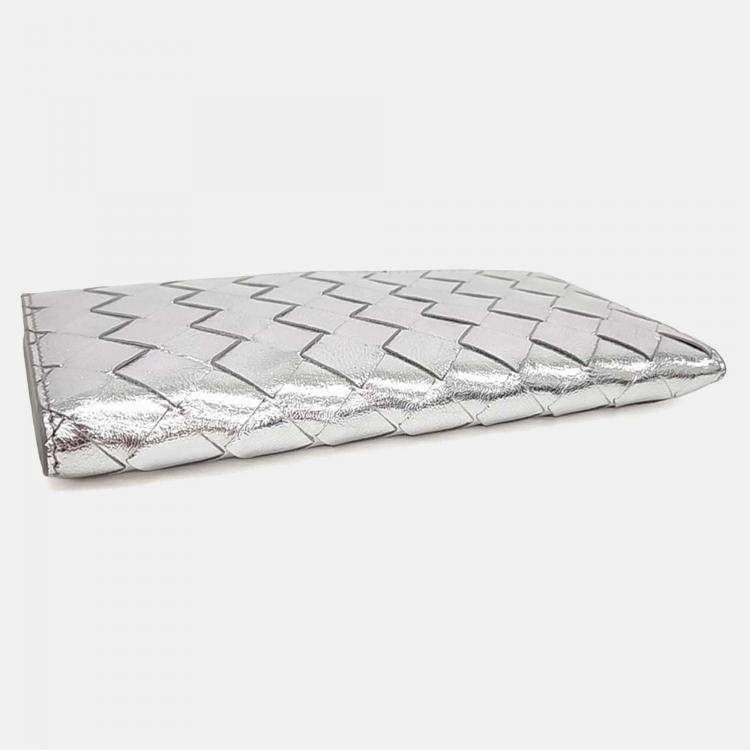 Pre Owned Bottega Veneta Silver Leather Mesh Long Wallet
