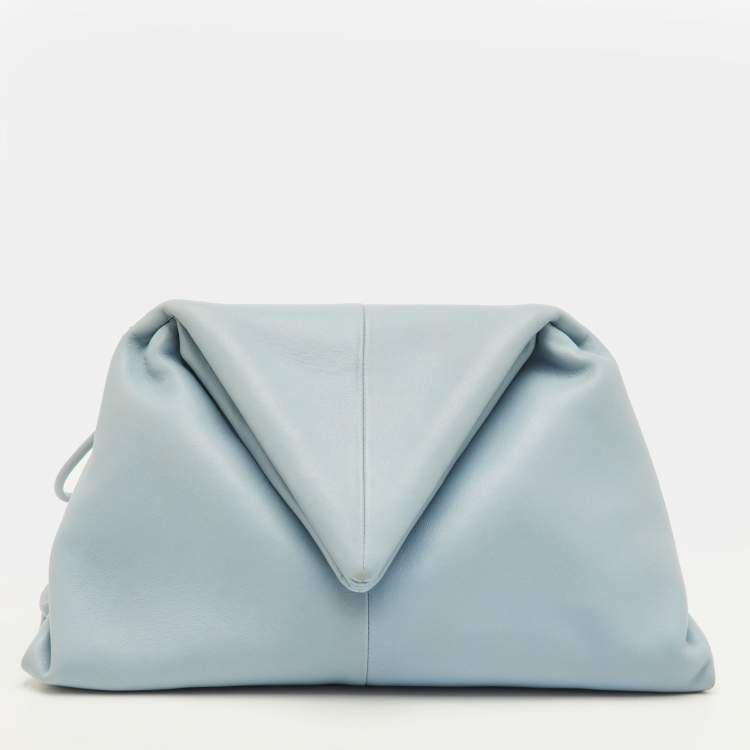 Pre Owned Bottega Veneta BV Trine Angular Light Blue Leather Clutch