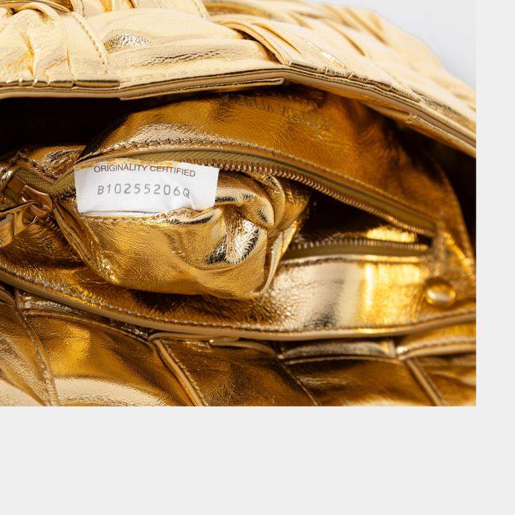 Pre Owned Bottega Veneta Gold Metallic Calfskin Intreccio Plisse Cassette Crossbody