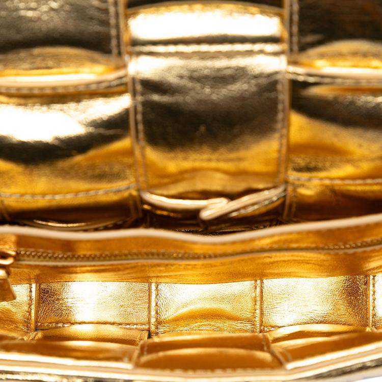 Pre Owned Bottega Veneta Gold Metallic Calfskin Intreccio Plisse Cassette Crossbody