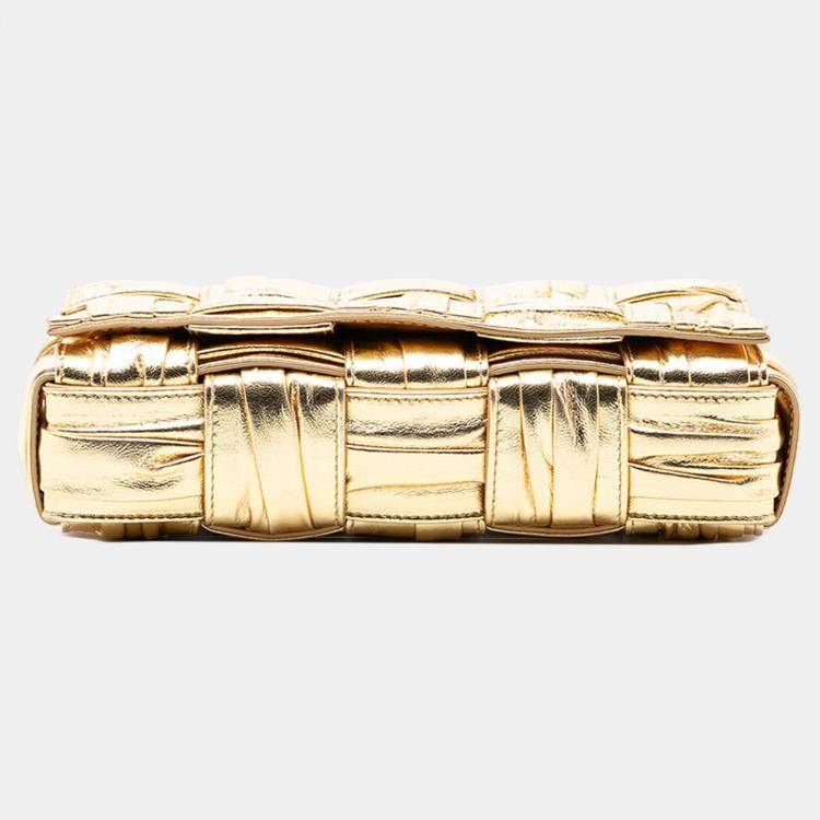 Pre Owned Bottega Veneta Gold Metallic Calfskin Intreccio Plisse Cassette Crossbody