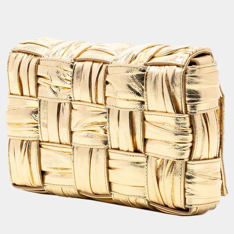 Pre Owned Bottega Veneta Gold Metallic Calfskin Intreccio Plisse Cassette Crossbody