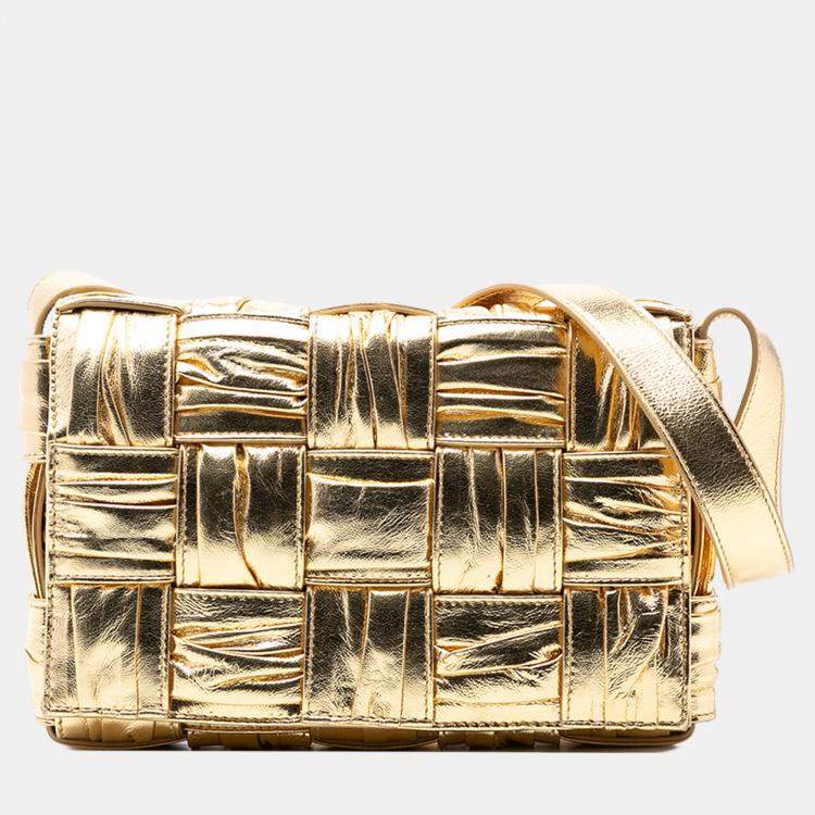 Pre Owned Bottega Veneta Gold Metallic Calfskin Intreccio Plisse Cassette Crossbody