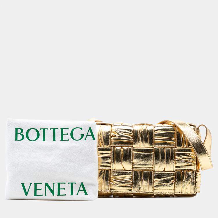 Pre Owned Bottega Veneta Gold Metallic Calfskin Intreccio Plisse Cassette Crossbody