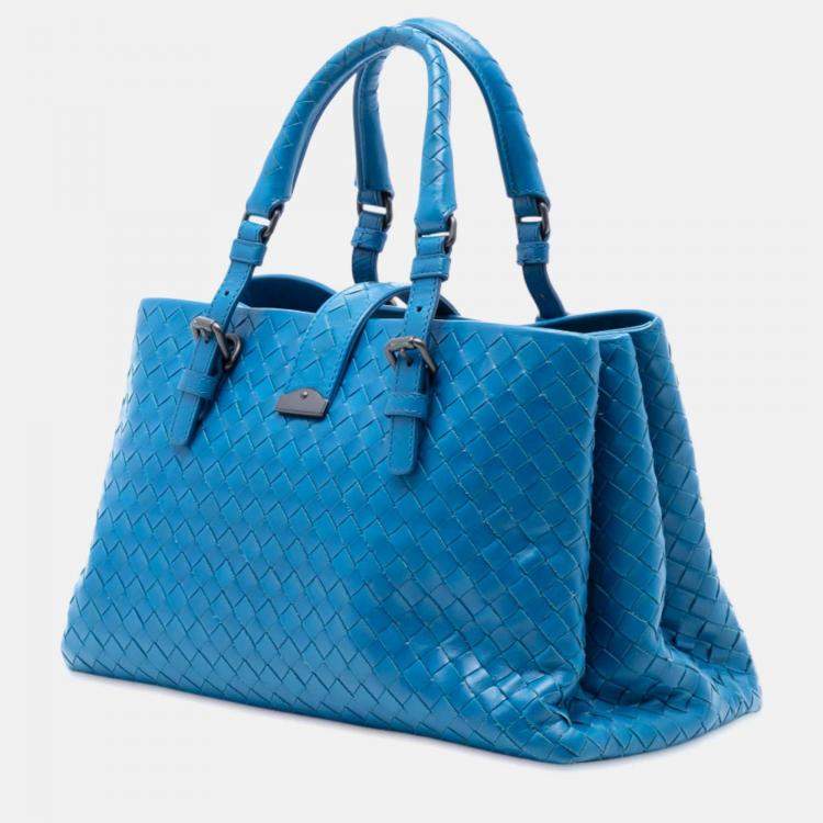 Pre Owned Bottega Veneta Blue Small Nappa Intrecciato Roma Satchel