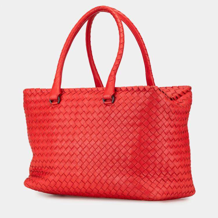 Pre Owned Bottega Veneta Red Nappa Intrecciato Brick Tote