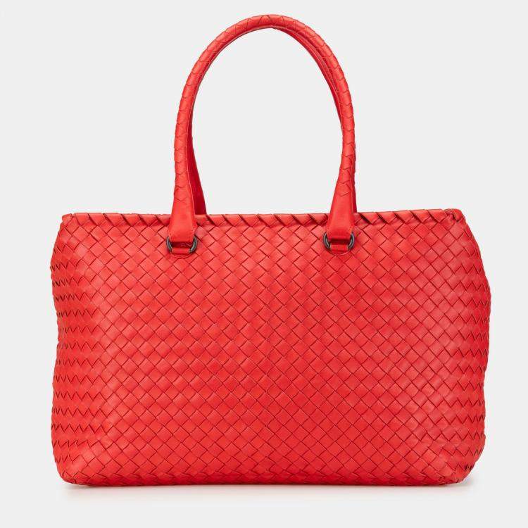 Pre Owned Bottega Veneta Red Nappa Intrecciato Brick Tote