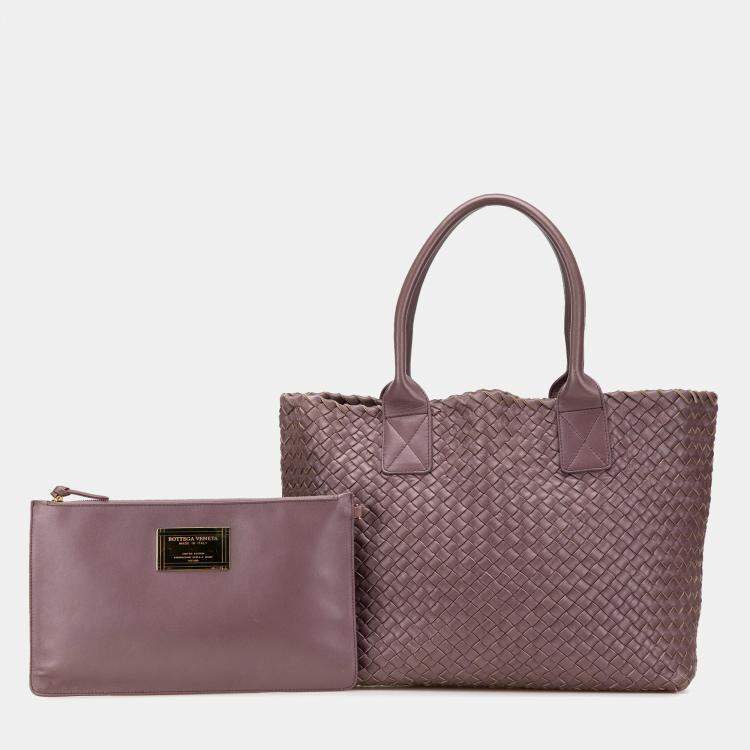 Pre Owned Bottega Veneta Pink Lambskin Intreccio Cabat Tote