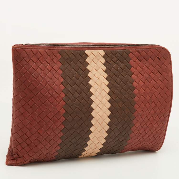 Pre Owned حقيبة كلاتش بوتيغا فينيتا جلد انتريشياتو بني/بيج بسحاب