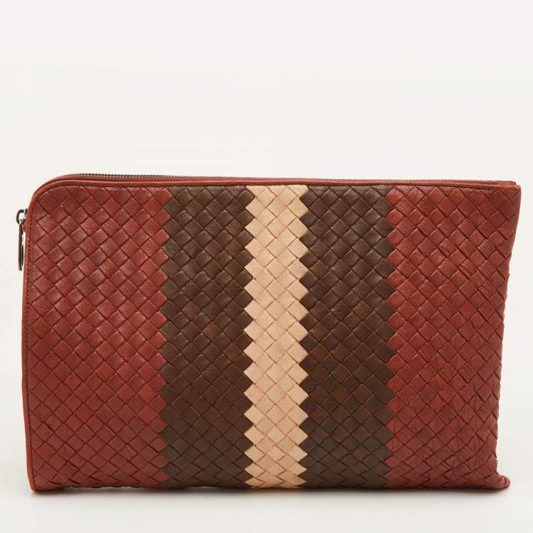 Pre Owned حقيبة كلاتش بوتيغا فينيتا جلد انتريشياتو بني/بيج بسحاب