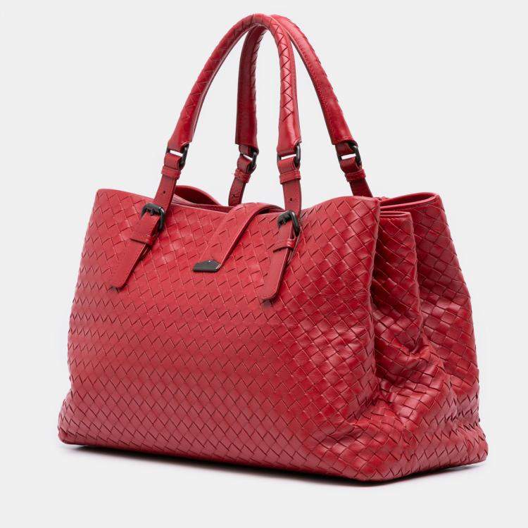 Pre Owned Bottega Veneta Red Medium Nappa Intrecciato Roma Tote