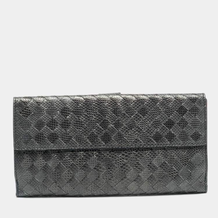 Pre Owned Bottega Veneta Grey Lizard Embossed Intrecciato Leather French Flap Wallet