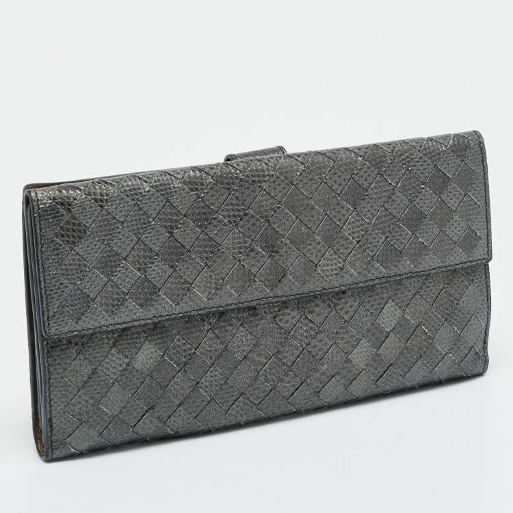 Pre Owned Bottega Veneta Grey Lizard Embossed Intrecciato Leather French Flap Wallet