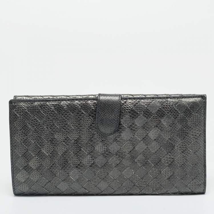 Pre Owned Bottega Veneta Grey Lizard Embossed Intrecciato Leather French Flap Wallet