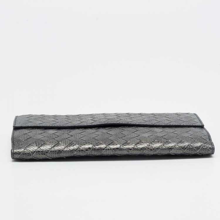 Pre Owned Bottega Veneta Grey Lizard Embossed Intrecciato Leather French Flap Wallet