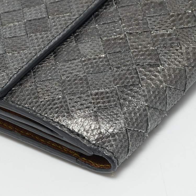 Pre Owned Bottega Veneta Grey Lizard Embossed Intrecciato Leather French Flap Wallet