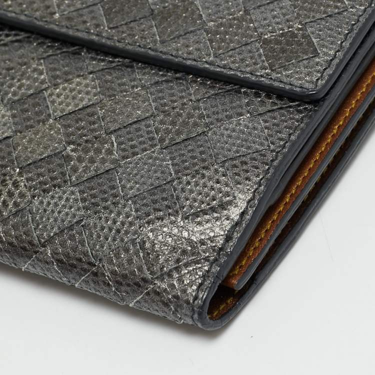 Pre Owned Bottega Veneta Grey Lizard Embossed Intrecciato Leather French Flap Wallet
