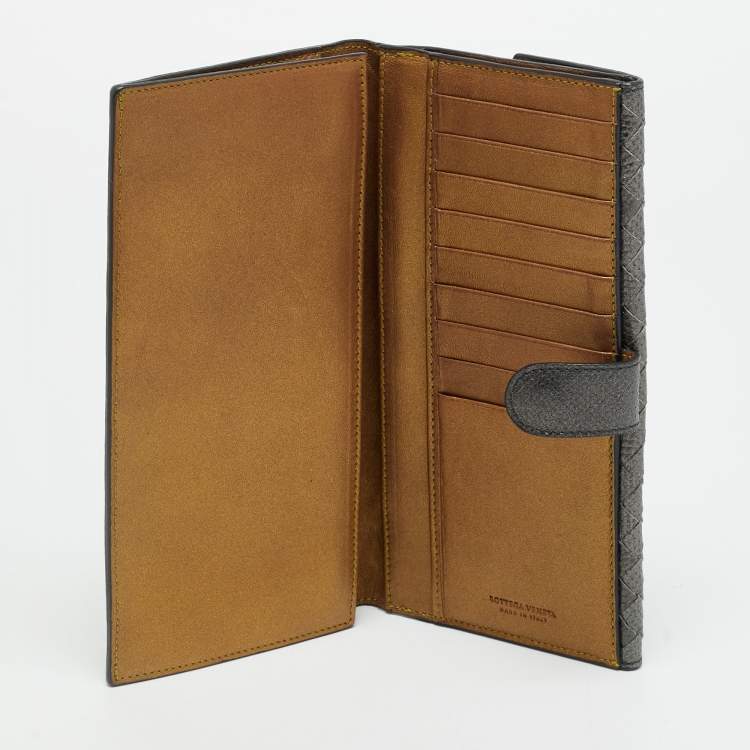 Pre Owned Bottega Veneta Grey Lizard Embossed Intrecciato Leather French Flap Wallet