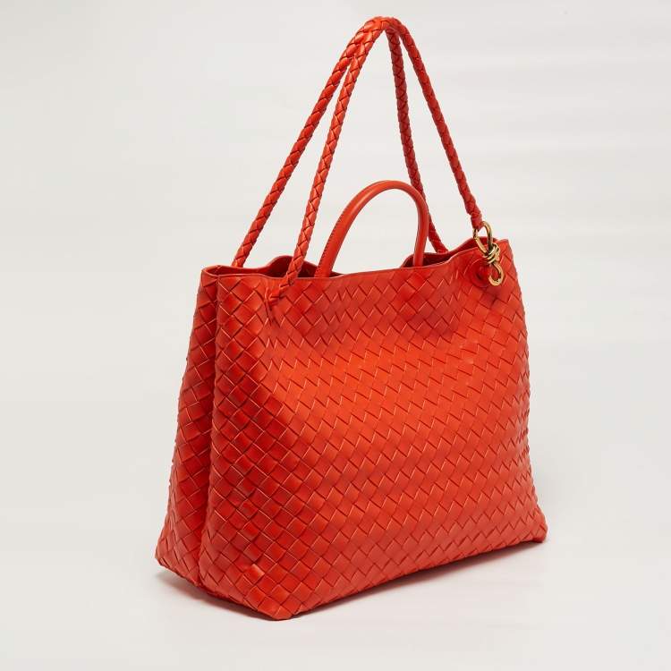 Pre Owned Bottega Veneta Andiamo Large Orange Intrecciato Leather Tote