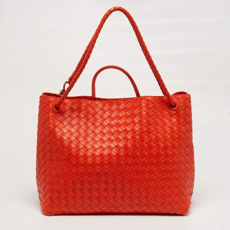 Pre Owned Bottega Veneta Andiamo Large Orange Intrecciato Leather Tote