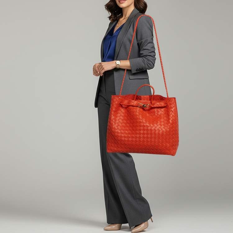 Pre Owned Bottega Veneta Andiamo Large Orange Intrecciato Leather Tote