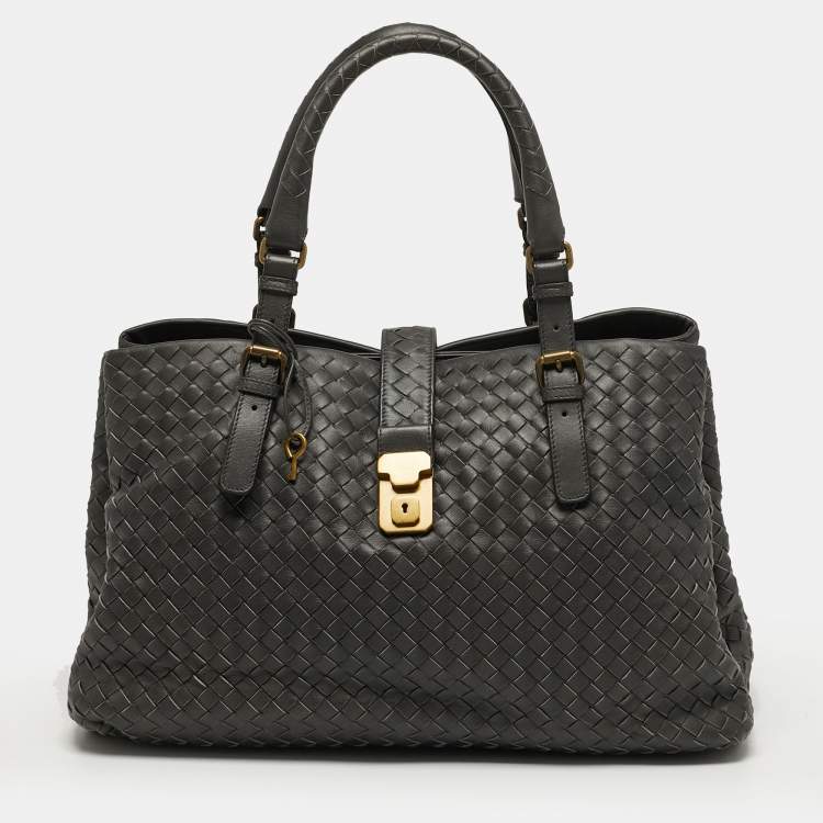 مملوكة مسبقًا Bottega Veneta Roma Medium Dark Grey Intrecciato Leather Tote