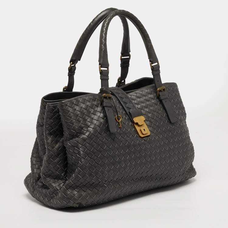 مملوكة مسبقًا Bottega Veneta Roma Medium Dark Grey Intrecciato Leather Tote