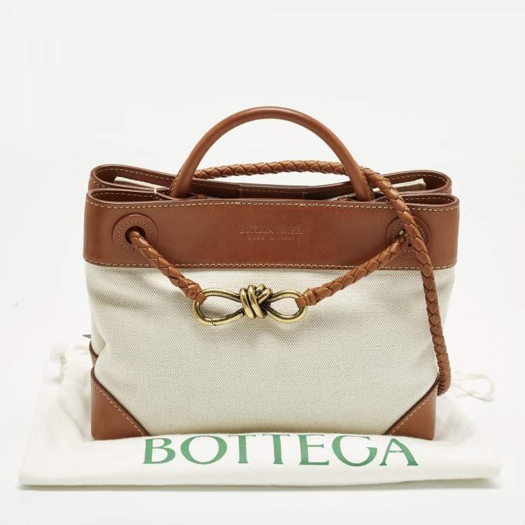 Pre Owned Bottega Veneta Andiamo Small Brown/Natural Canvas and Leather Tote