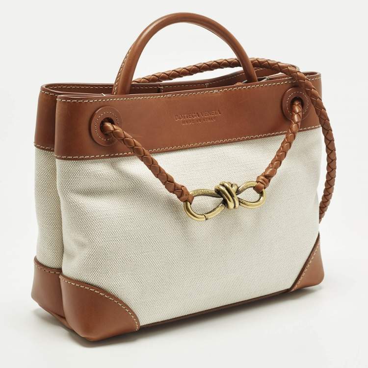 Pre Owned Bottega Veneta Andiamo Small Brown/Natural Canvas and Leather Tote