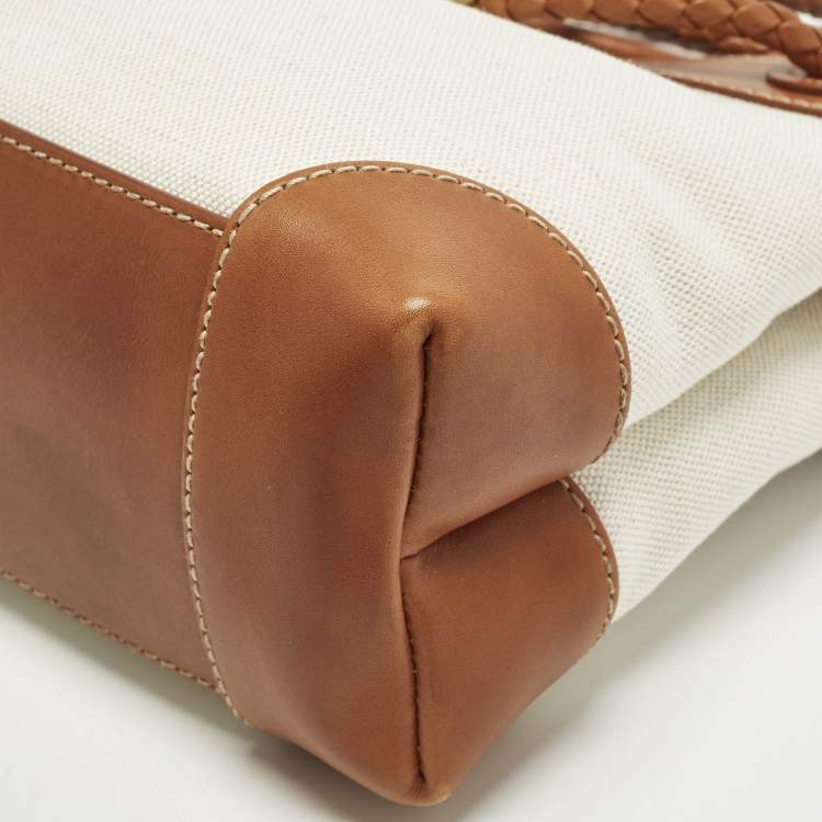 Pre Owned Bottega Veneta Andiamo Small Brown/Natural Canvas and Leather Tote