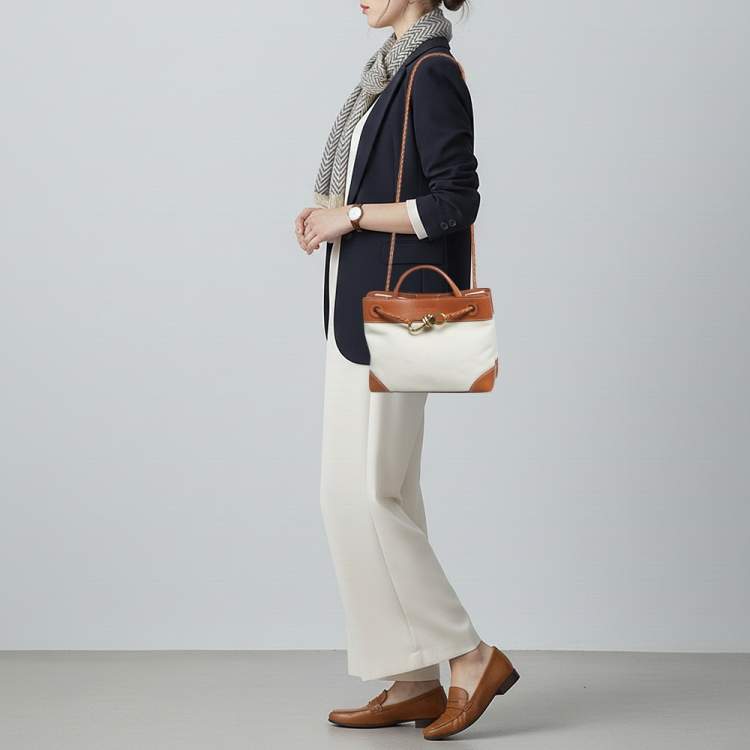 Pre Owned Bottega Veneta Andiamo Small Brown/Natural Canvas and Leather Tote