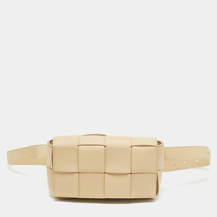 Pre Owned Bottega Veneta Cassette Mini Beige Intrecciato Leather Belt Bag