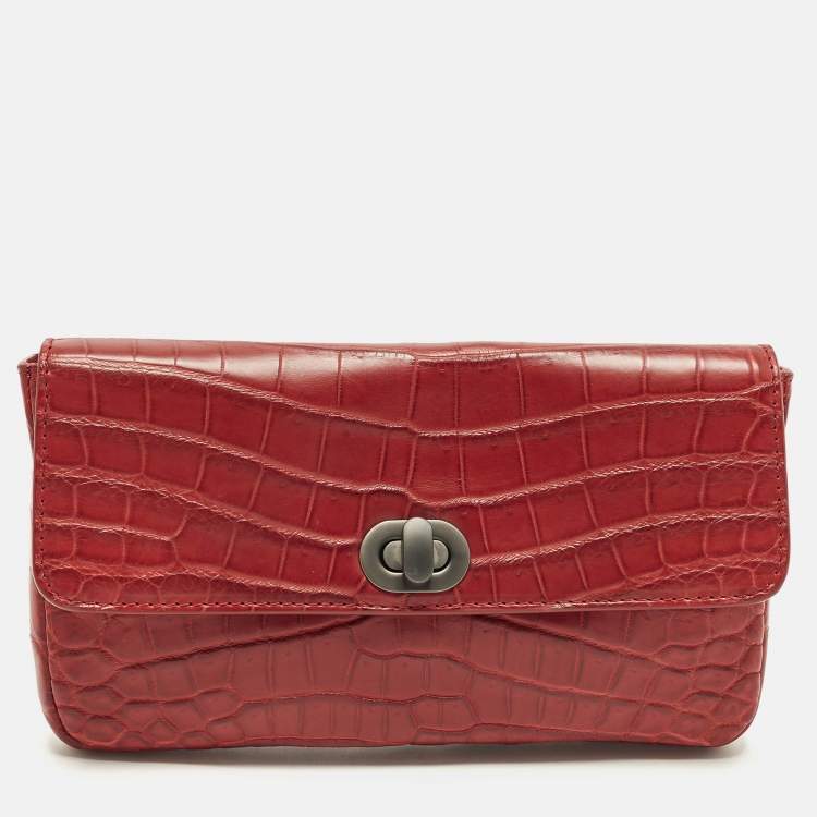 Pre Owned Bottega Veneta Red Croc Embossed Leather Lock Flap Clutch