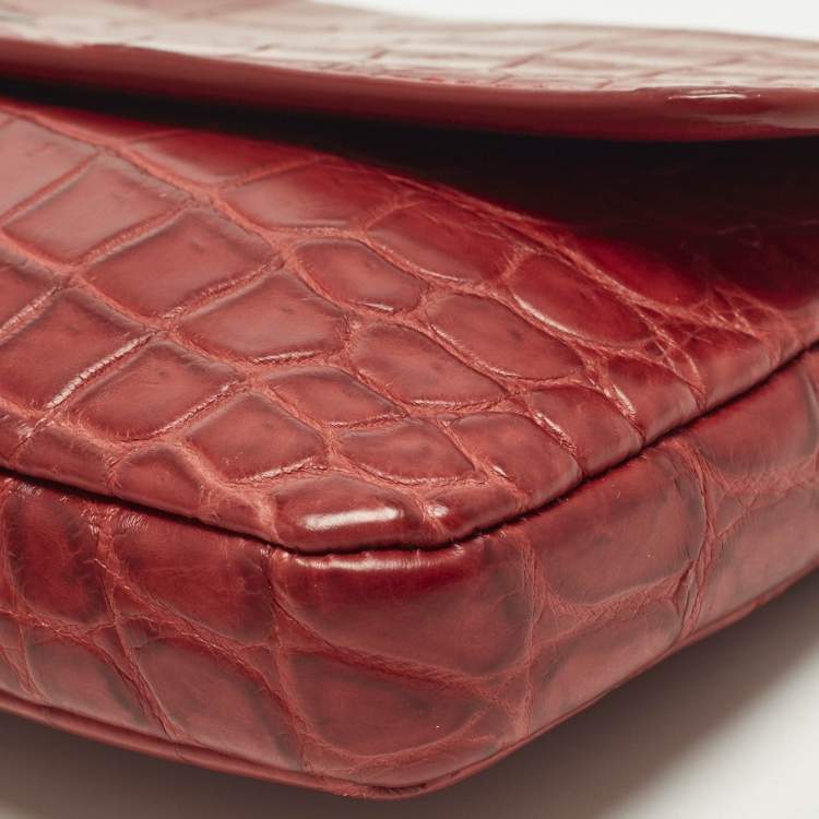 Pre Owned Bottega Veneta Red Croc Embossed Leather Lock Flap Clutch