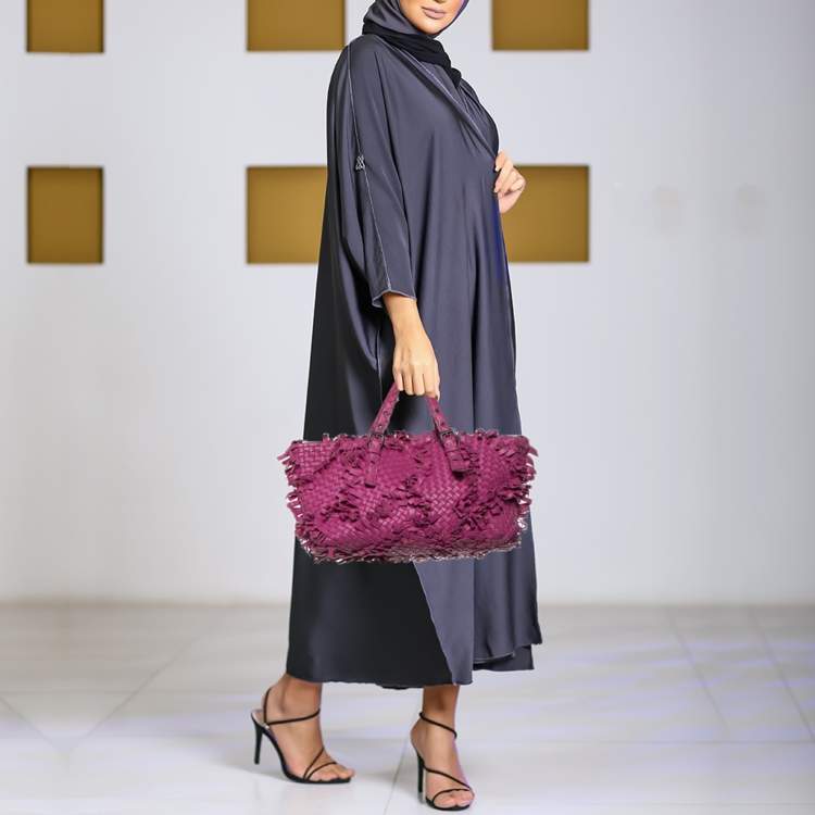 Pre Owned Bottega Veneta Fringe Pink Intrecciato Leather Cabat Tote