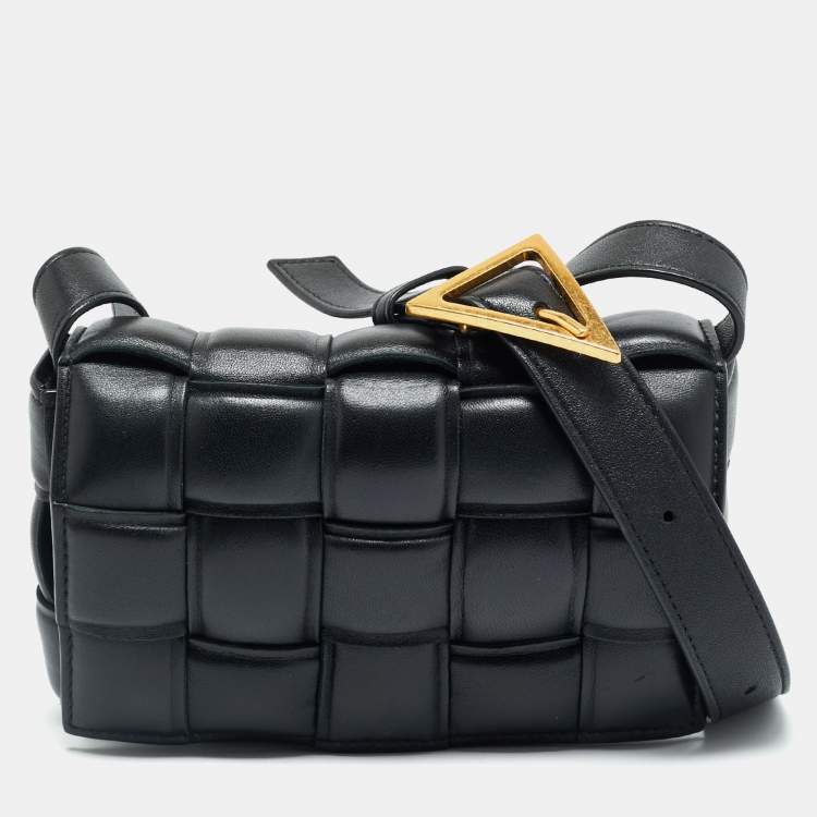 Pre Owned Bottega Veneta Padded Cassette Black Intreccio Leather Crossbody Bag