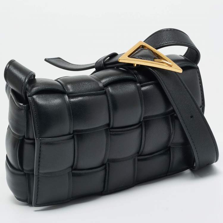 Pre Owned Bottega Veneta Padded Cassette Black Intreccio Leather Crossbody Bag