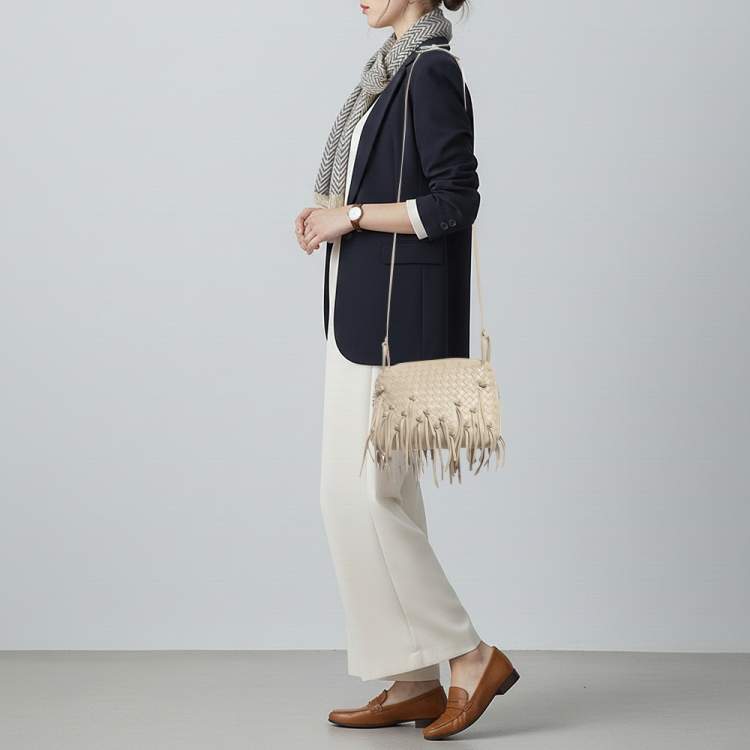 Pre Owned Bottega Veneta Nodini Light Beige Intrecciato Leather Shoulder Bag