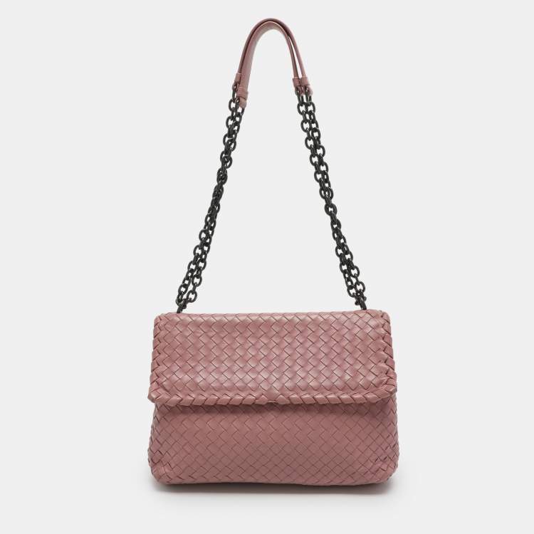 Pre Owned Bottega Veneta Olimpia Medium Pink Intrecciato Leather Shoulder Bag