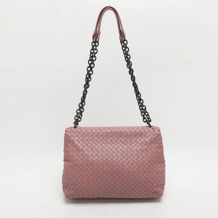 Pre Owned Bottega Veneta Olimpia Medium Pink Intrecciato Leather Shoulder Bag