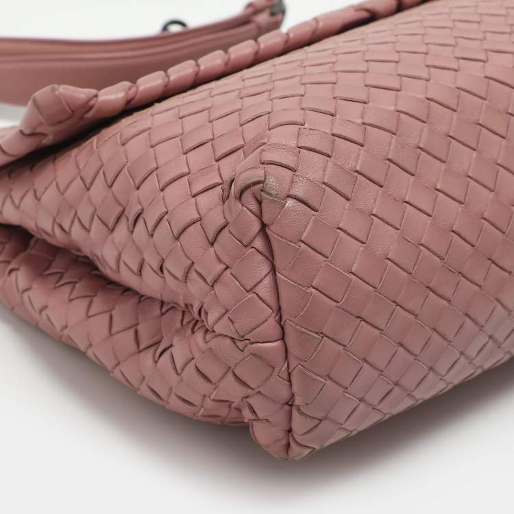Pre Owned Bottega Veneta Olimpia Medium Pink Intrecciato Leather Shoulder Bag
