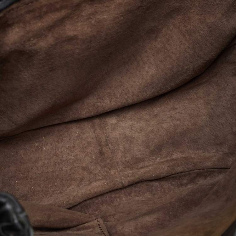 Pre Owned Bottega Veneta Intrecciato Black Leather Drawstring Flap Crossbody Bag