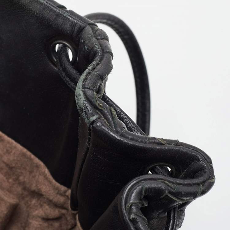 Pre Owned Bottega Veneta Intrecciato Black Leather Drawstring Flap Crossbody Bag